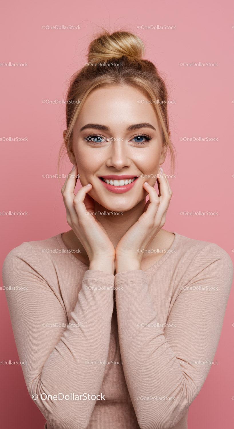 Smiling Young Woman with Blonde Hair and Clear Skin Against Pink Background