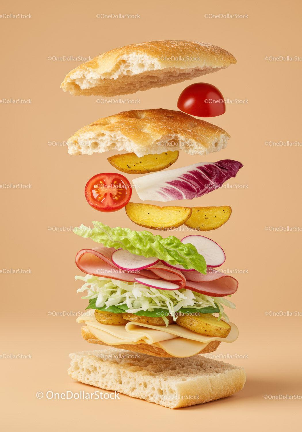 Stacked fresh sandwich ingredients floating on beige background