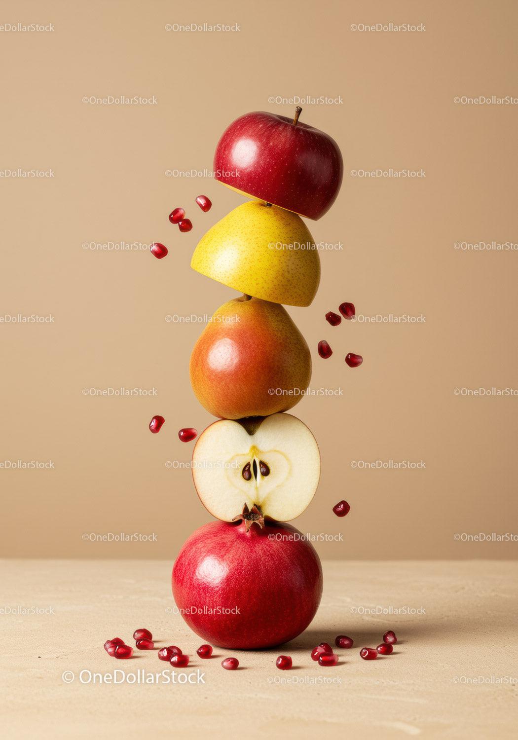 Stacked fresh fruits with pomegranate seeds on beige