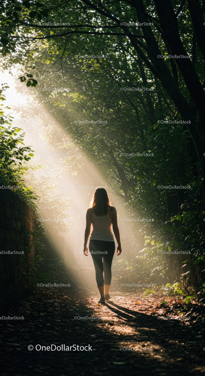 Woman walking through sunlit forest path at dawn