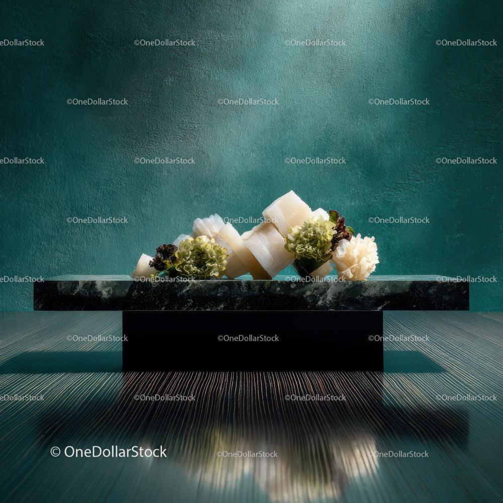 stock photo bundle made with Elegant Sashimi Platter with Fresh Fish and Edible Flowers Stock Photo Bundle