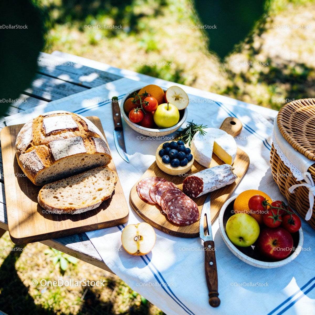 Rustic Outdoor Picnic with Bread, Cheese, and Fresh Fruit