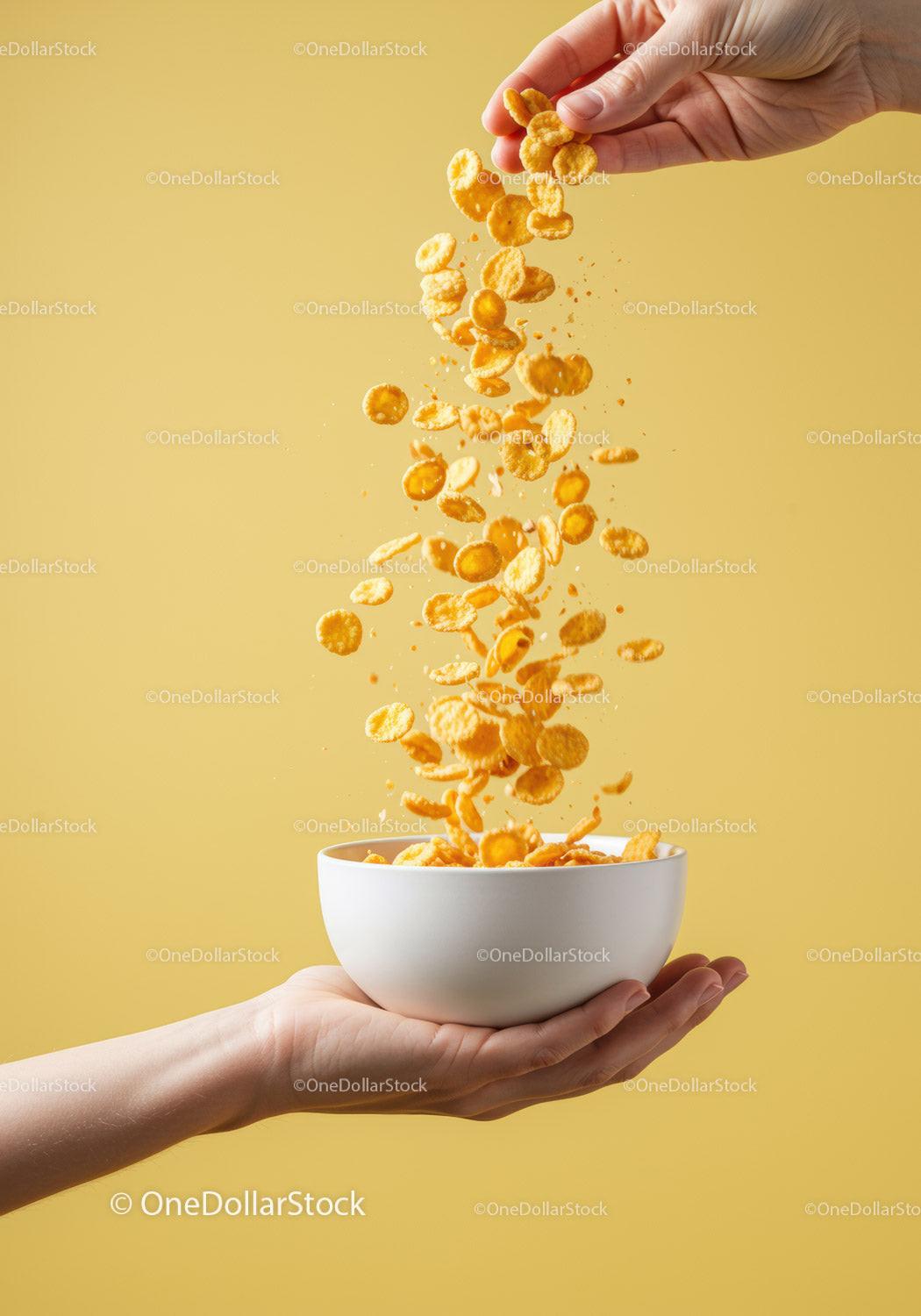 Hand pouring crunchy corn flakes into white bowl