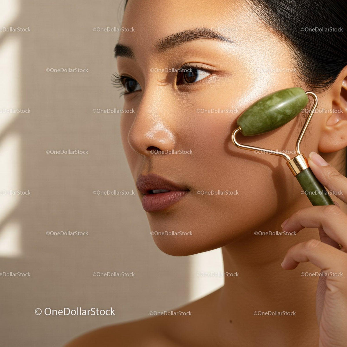 Close-Up of an Asian Woman Using a Jade Roller on Her Face for Skincare