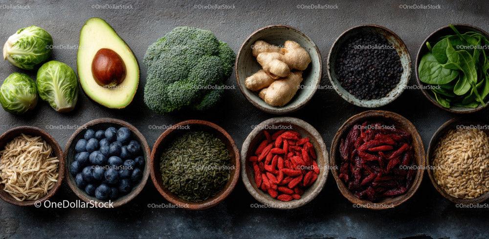 stock photo bundle made with Fresh Organic Superfoods and Culinary Ingredients for Healthy Eating Stock Photo Bundle