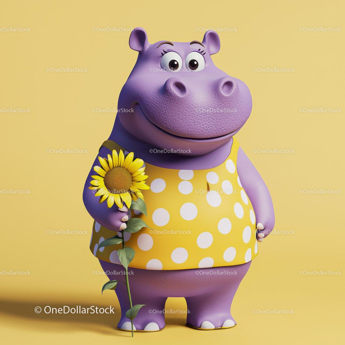 Purple hippo cartoon holding sunflower wearing yellow polka dot dress