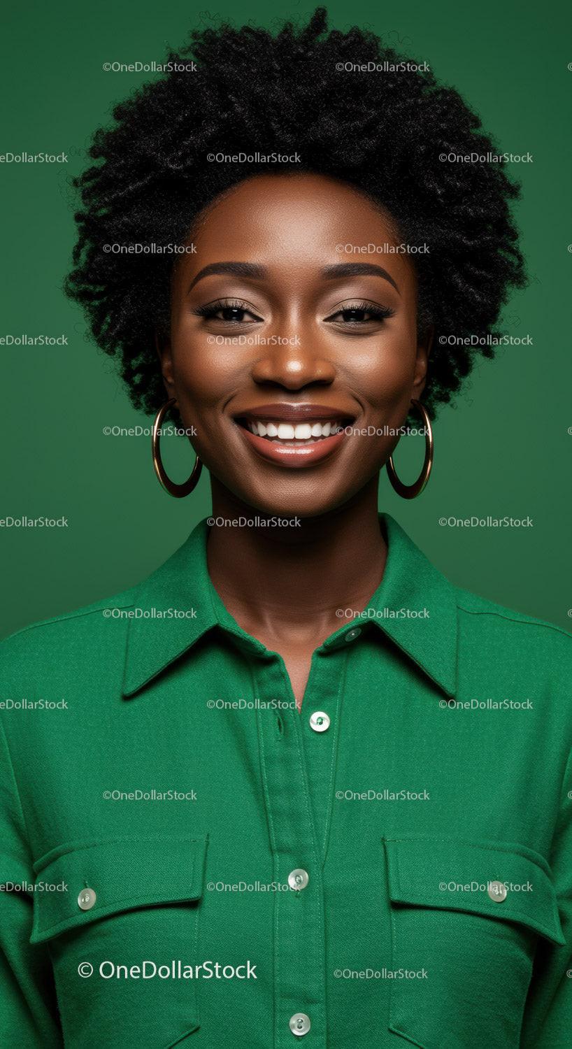 Portrait of a Smiling African American Woman in Green Shirt