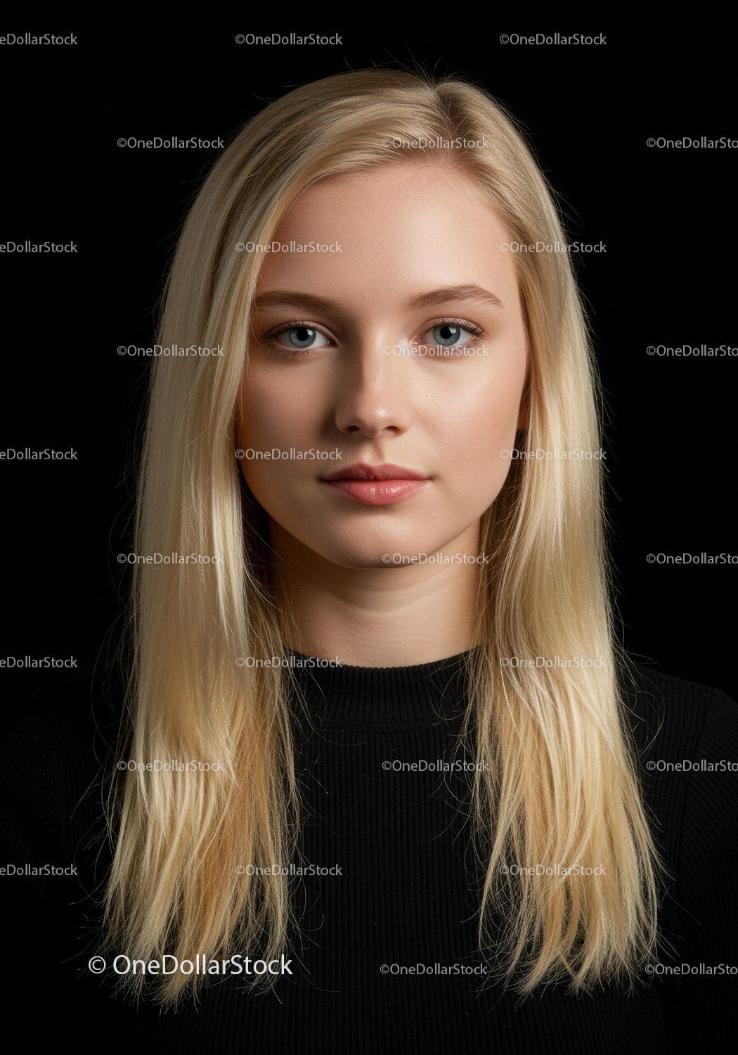 Calm young woman with long blonde hair on black background