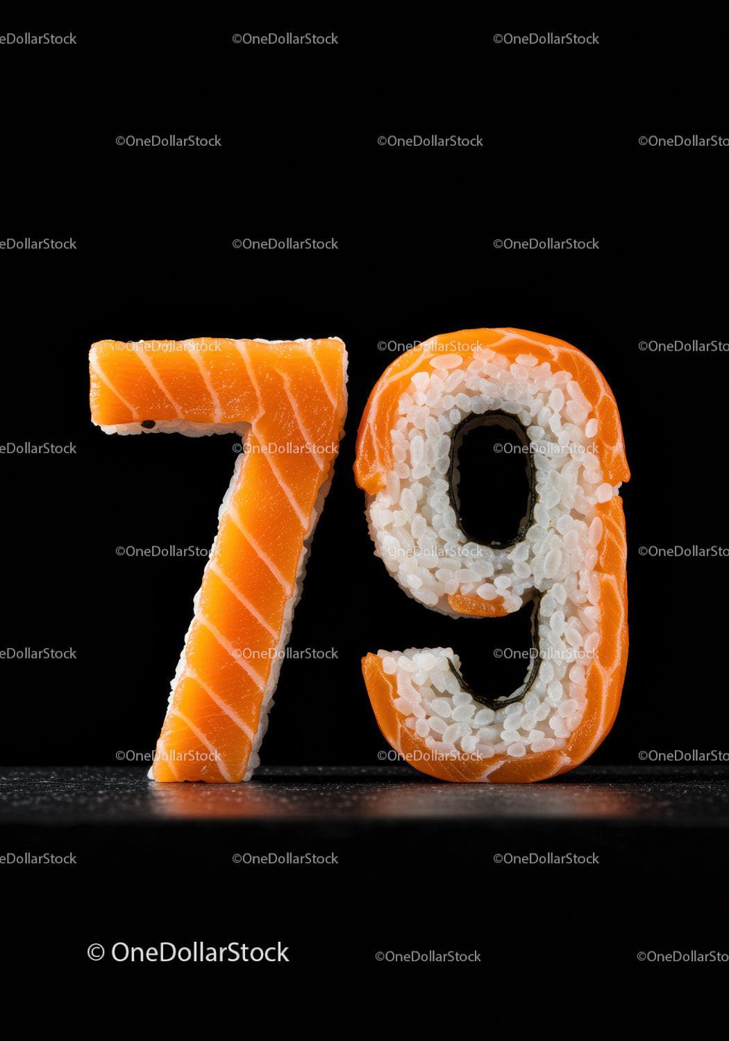 Sushi Rolls Shaped as Number Seventy Nine on Black