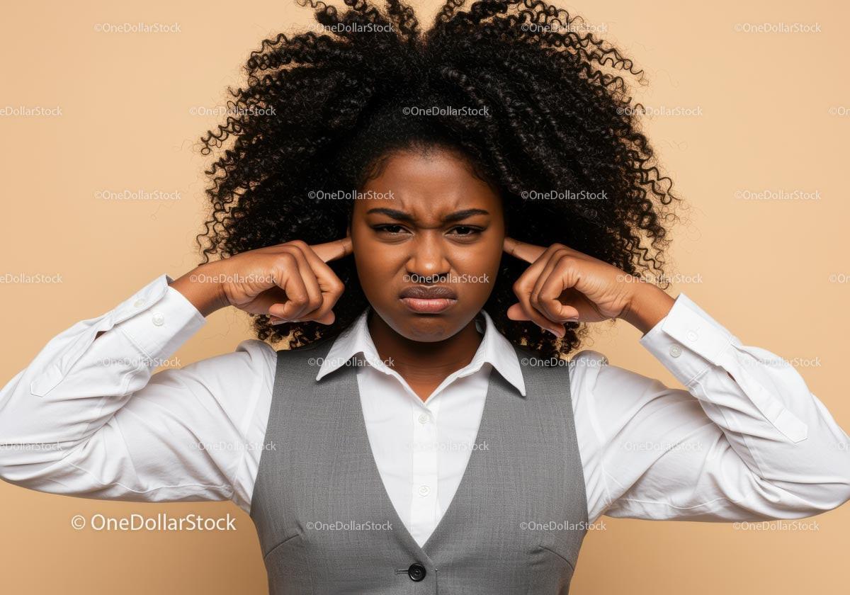 Frustrated Business Woman Covering Ears with Confused Expression