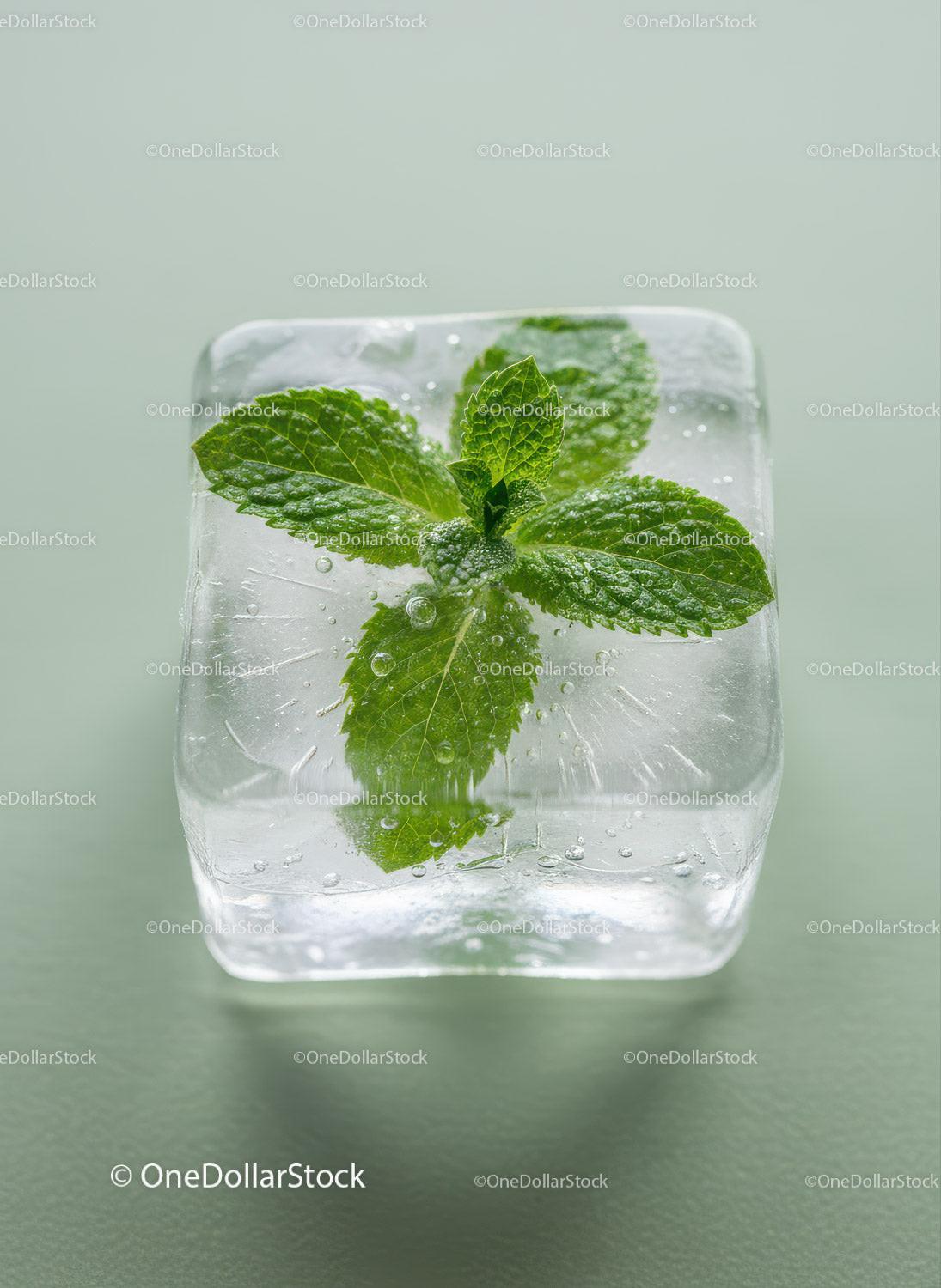 Fresh mint leaves frozen inside a clear ice cube