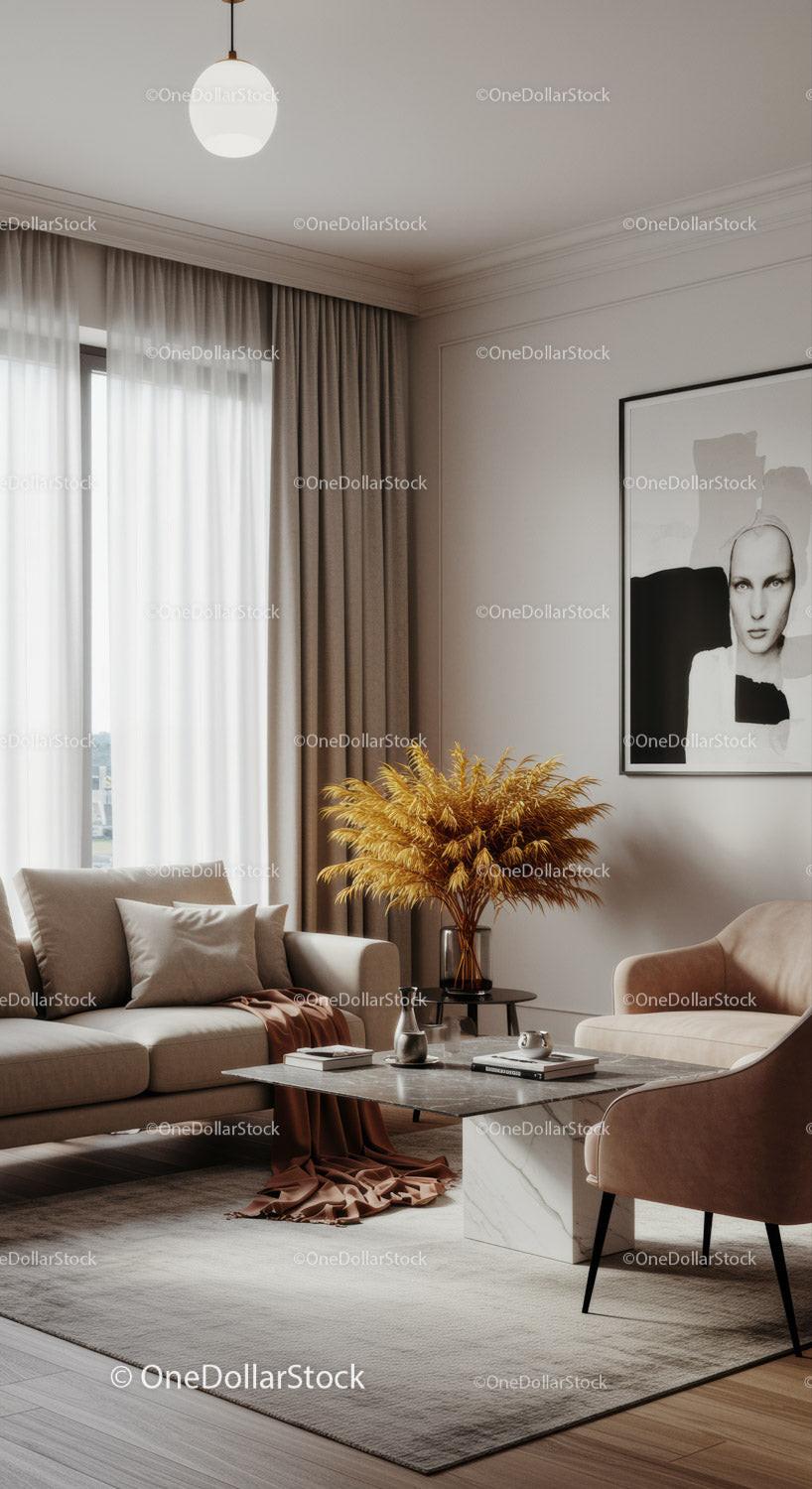 Elegant Modern Living Room with Beige Sofa and Yellow Pampas Grass