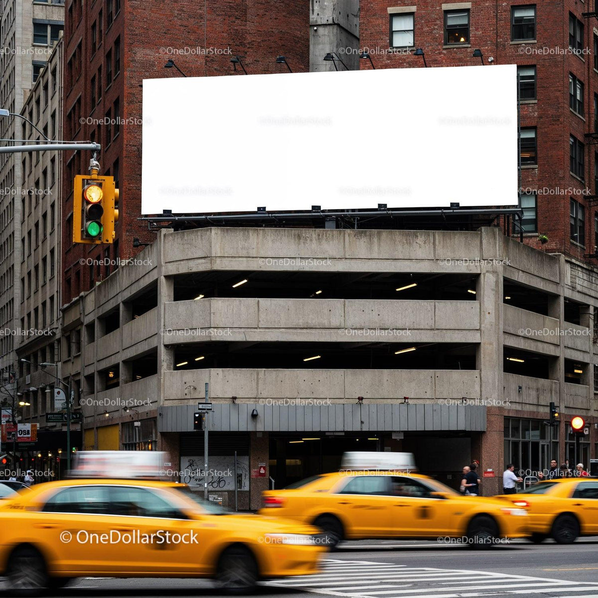 Busy urban intersection with yellow taxis and blank billboard JPG Mockup Image preview