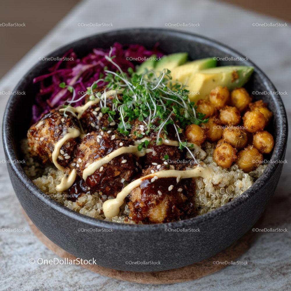 Colorful Quinoa Salad with Avocado Roasted Chickpeas and Microgreens Stock Photo Bundle preview 10