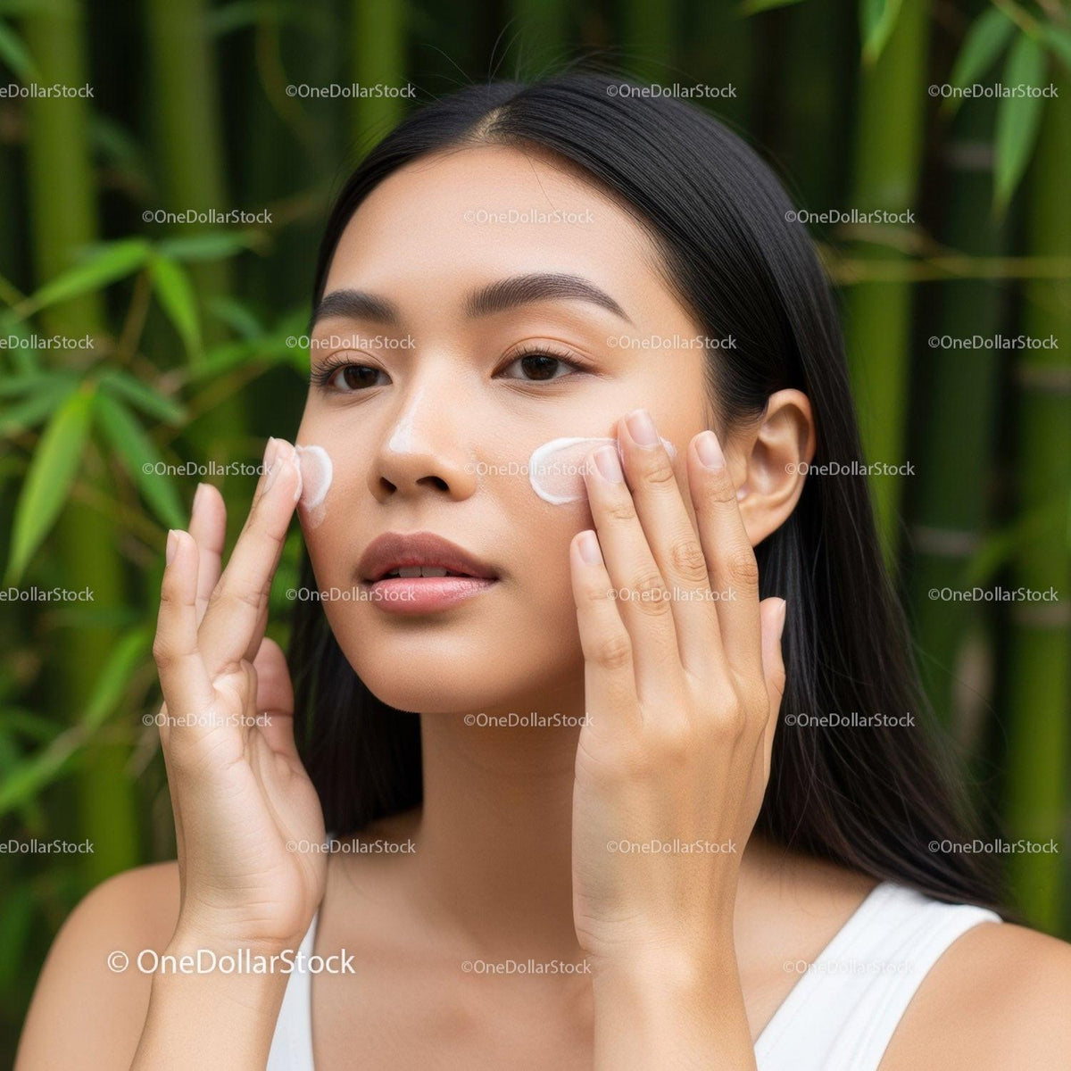Young Woman Applying Skincare Cream in Front of Green Foliage