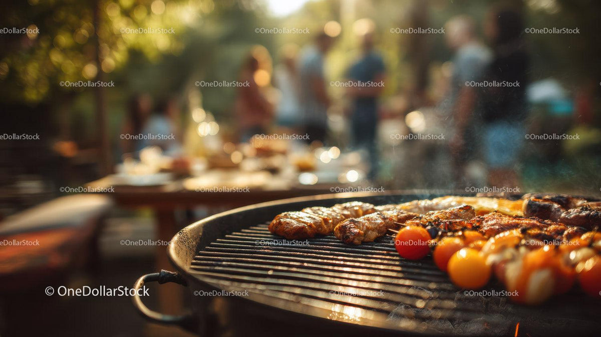 Outdoor barbecue scene with skewers of grilled meat and vegetables