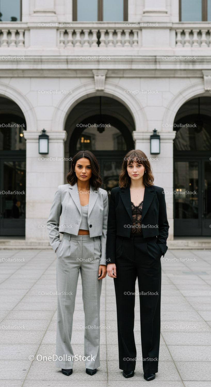 Stylish Businesswomen Standing Confidently in Front of Modern City Building