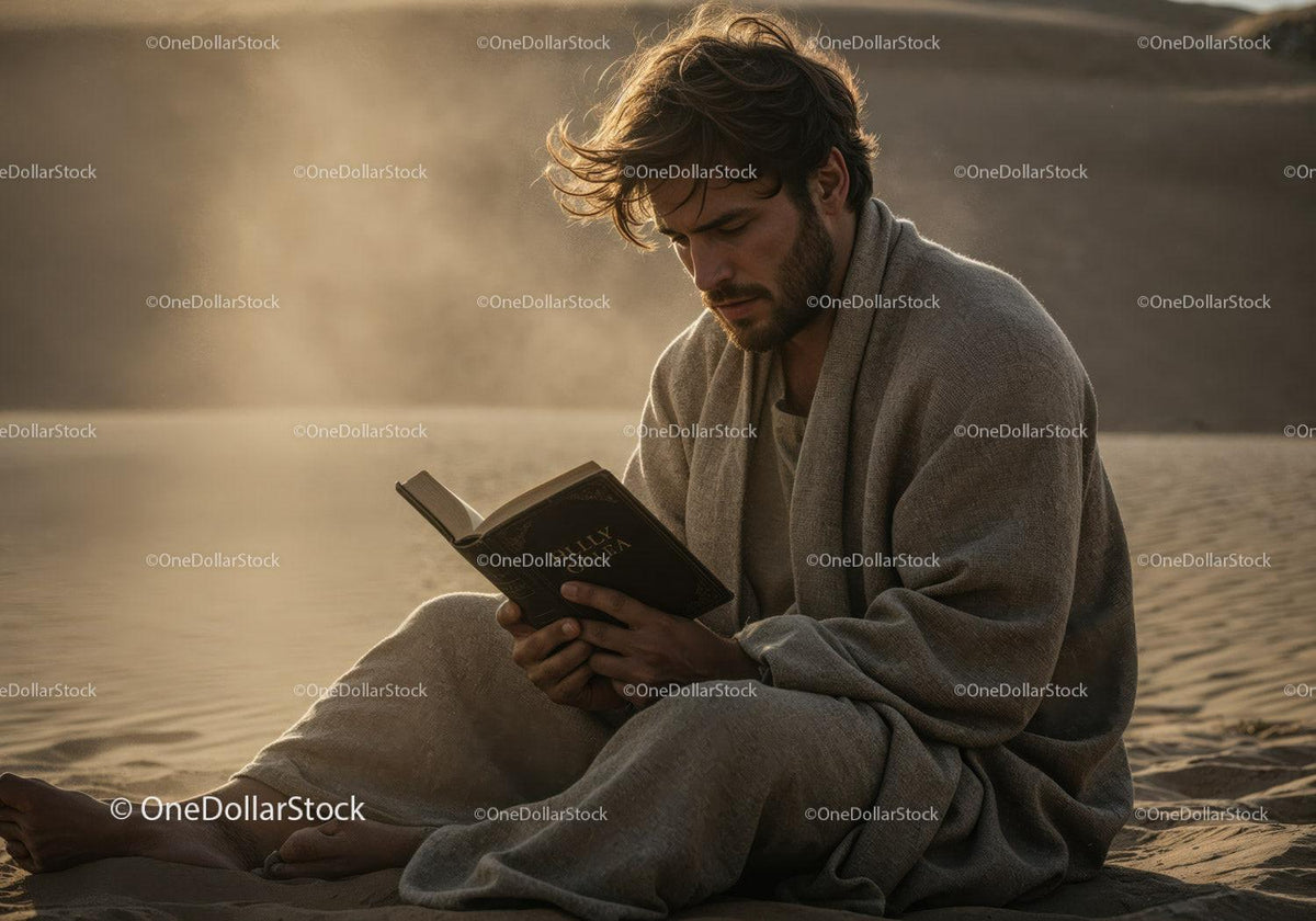 Man in Casual Clothing Reading Book in Desert During Dust Storm 30 JPG Files digital asset preview