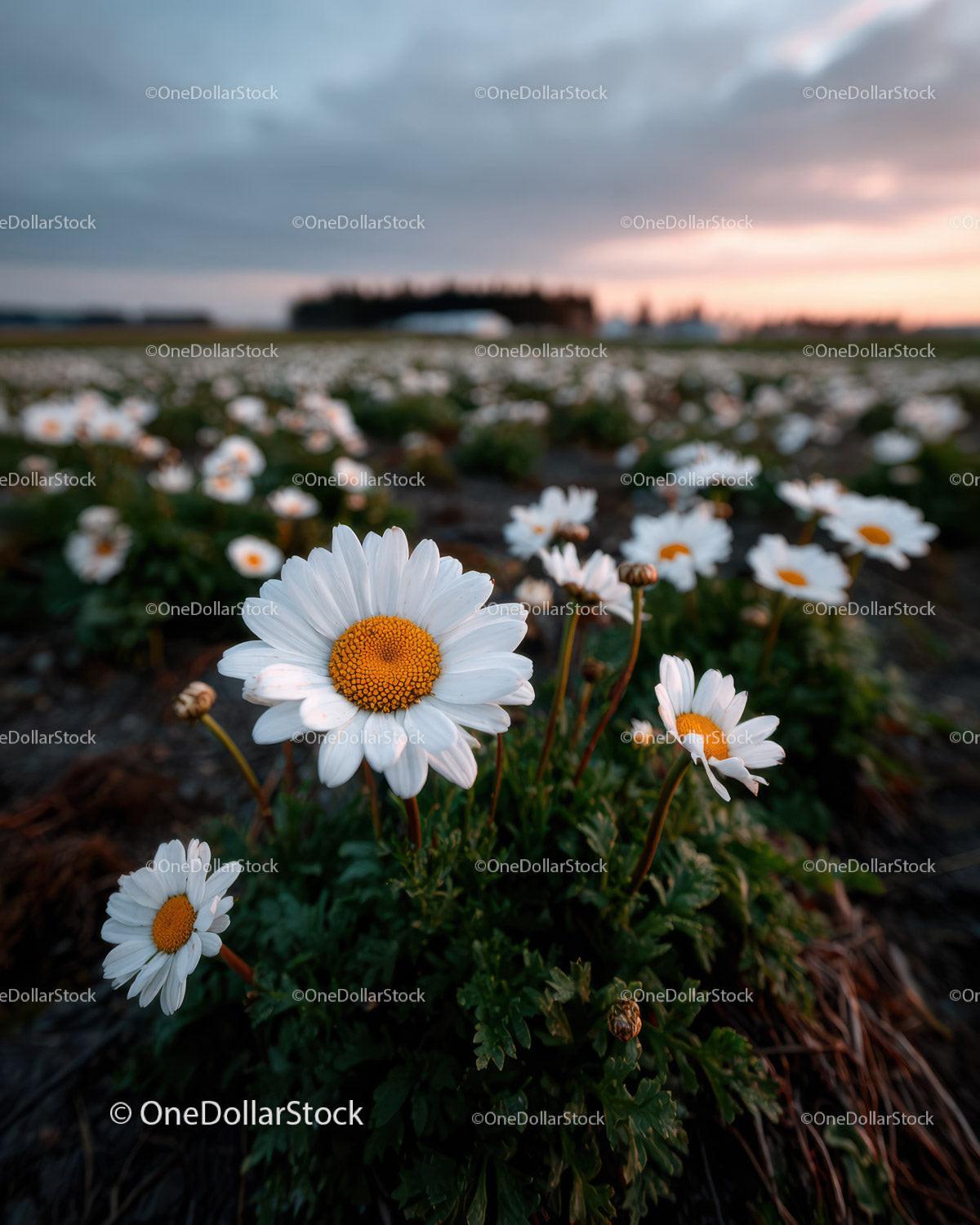 Wild Daisies Blooming in Meadow at Sunset Sky Stock Photo Bundle preview 6