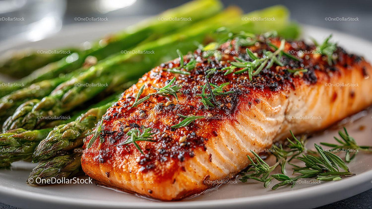Gourmet Roasted Salmon Fillet with Asparagus on Elegant Plate