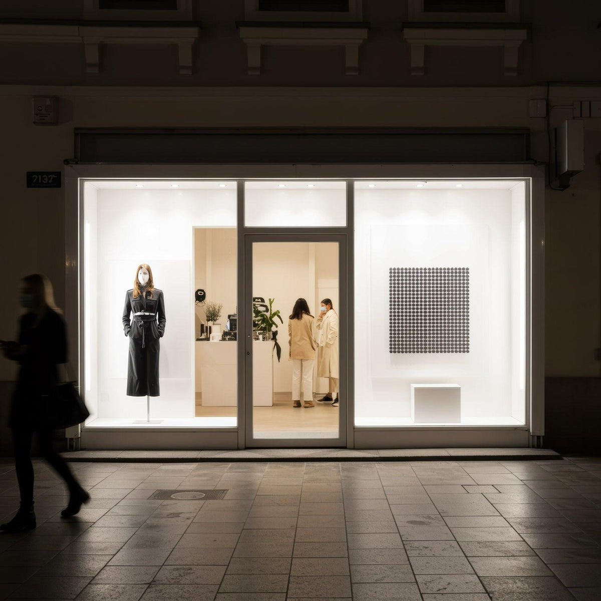 Minimalist fashion boutique window at night with pedestrians JPG Mockup Image preview