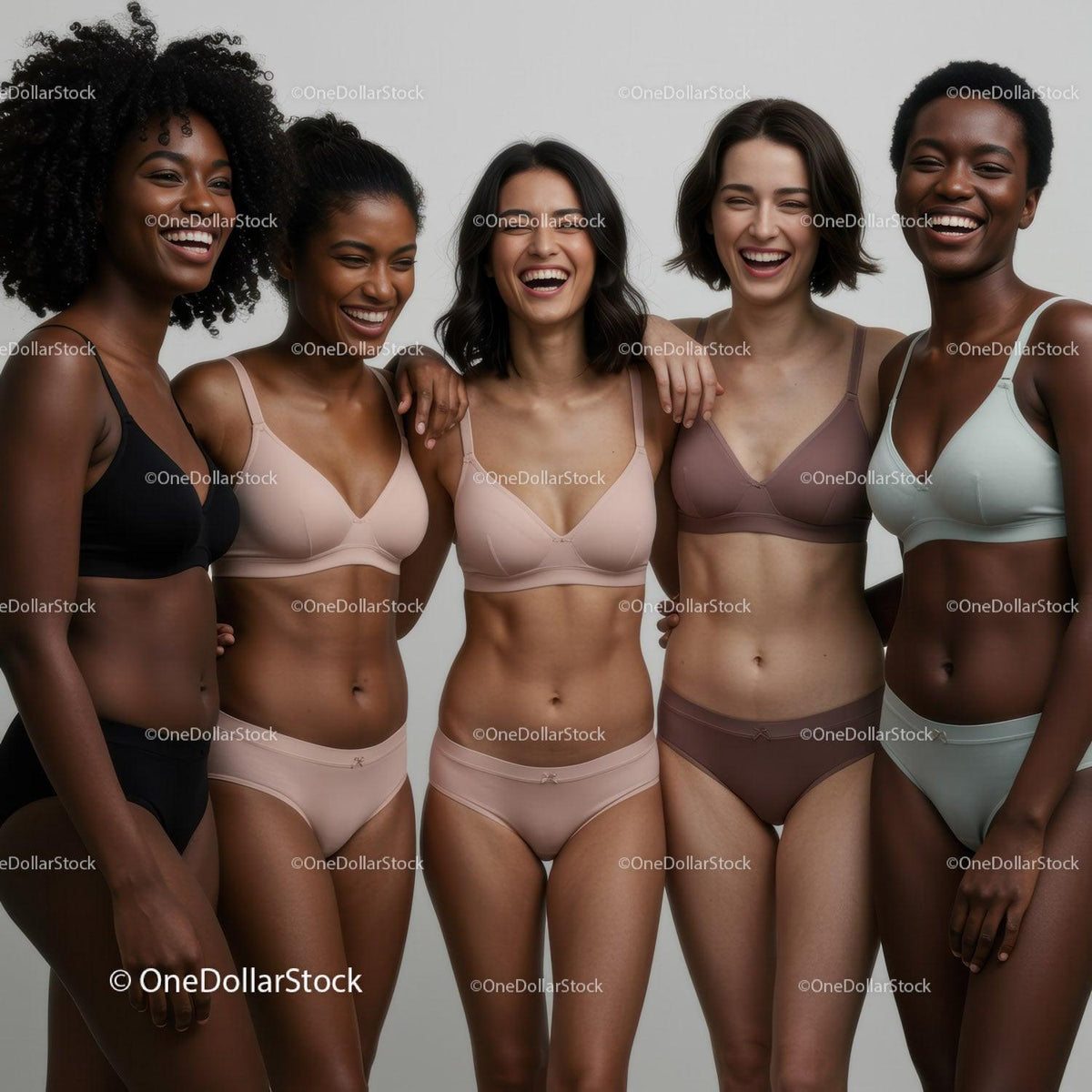 Diverse women laughing together in comfortable lingerie
