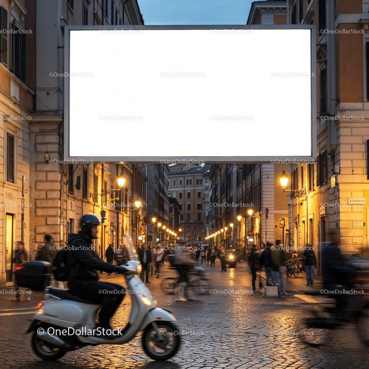 Evening busy street with scooter rider in European city JPG Mockup Image preview