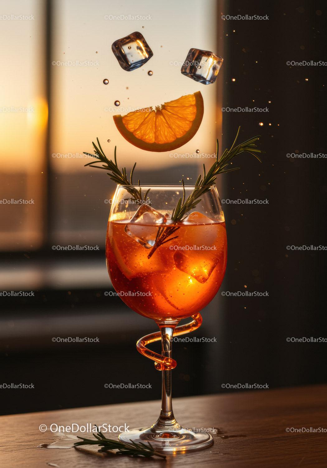 Refreshing Orange Cocktail with Ice Cubes and Rosemary