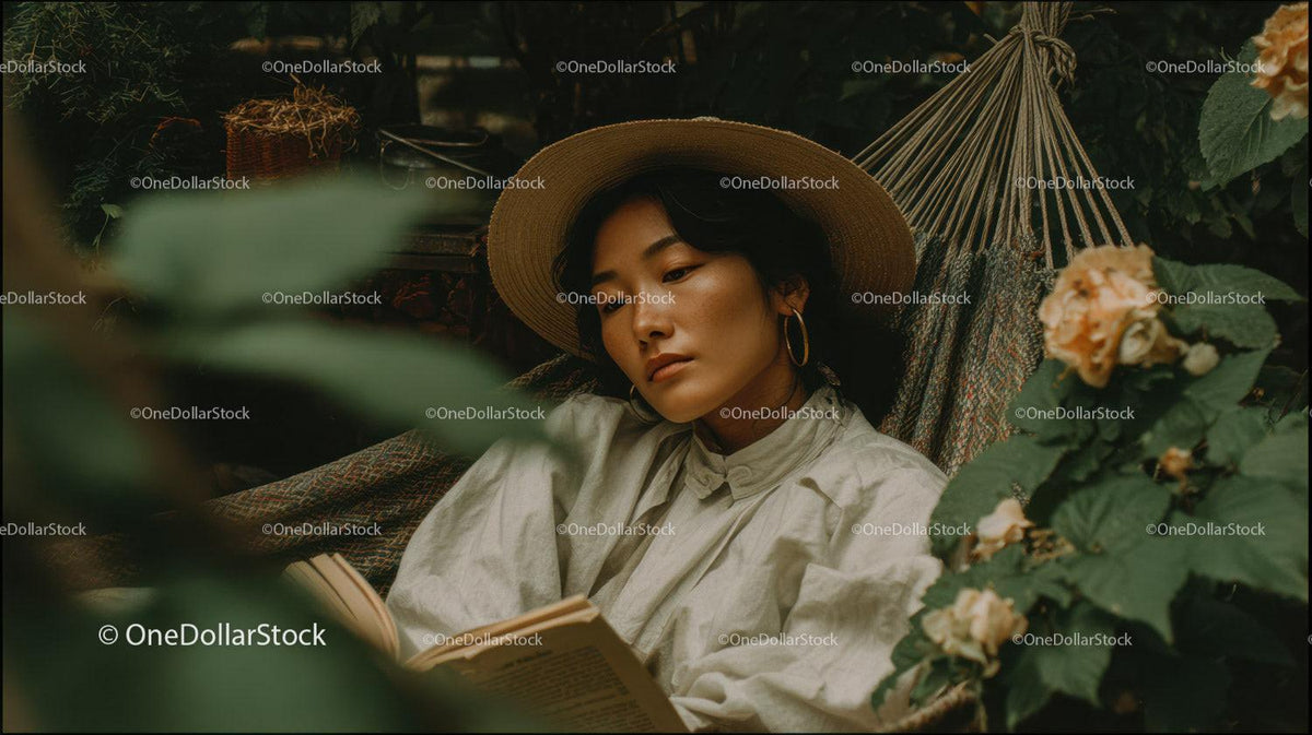 Elegant Woman Relaxing Outdoors in Garden with Straw Hat