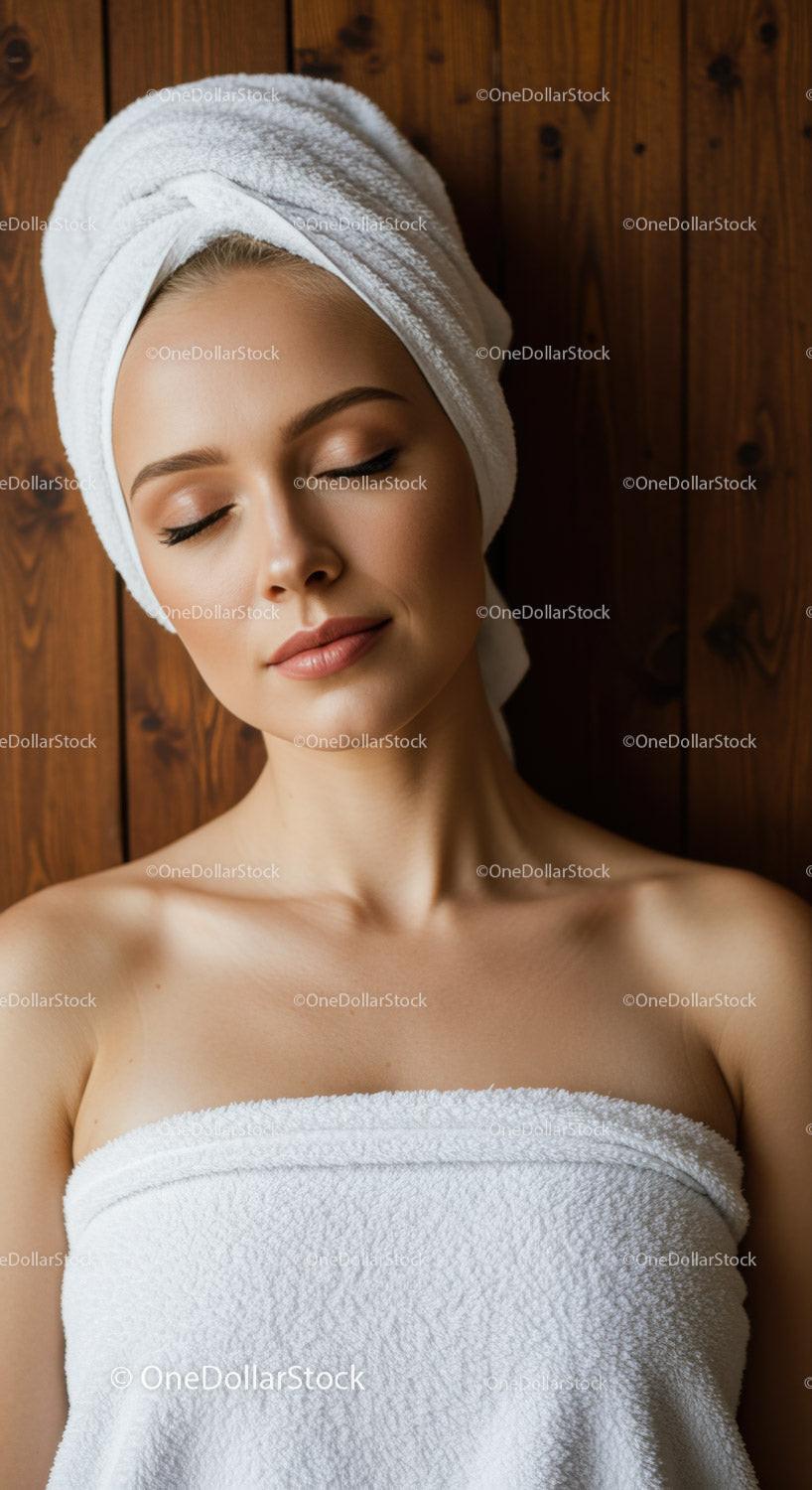 Relaxing Woman with Towel Wrap and Spa Facial in Wooden Room