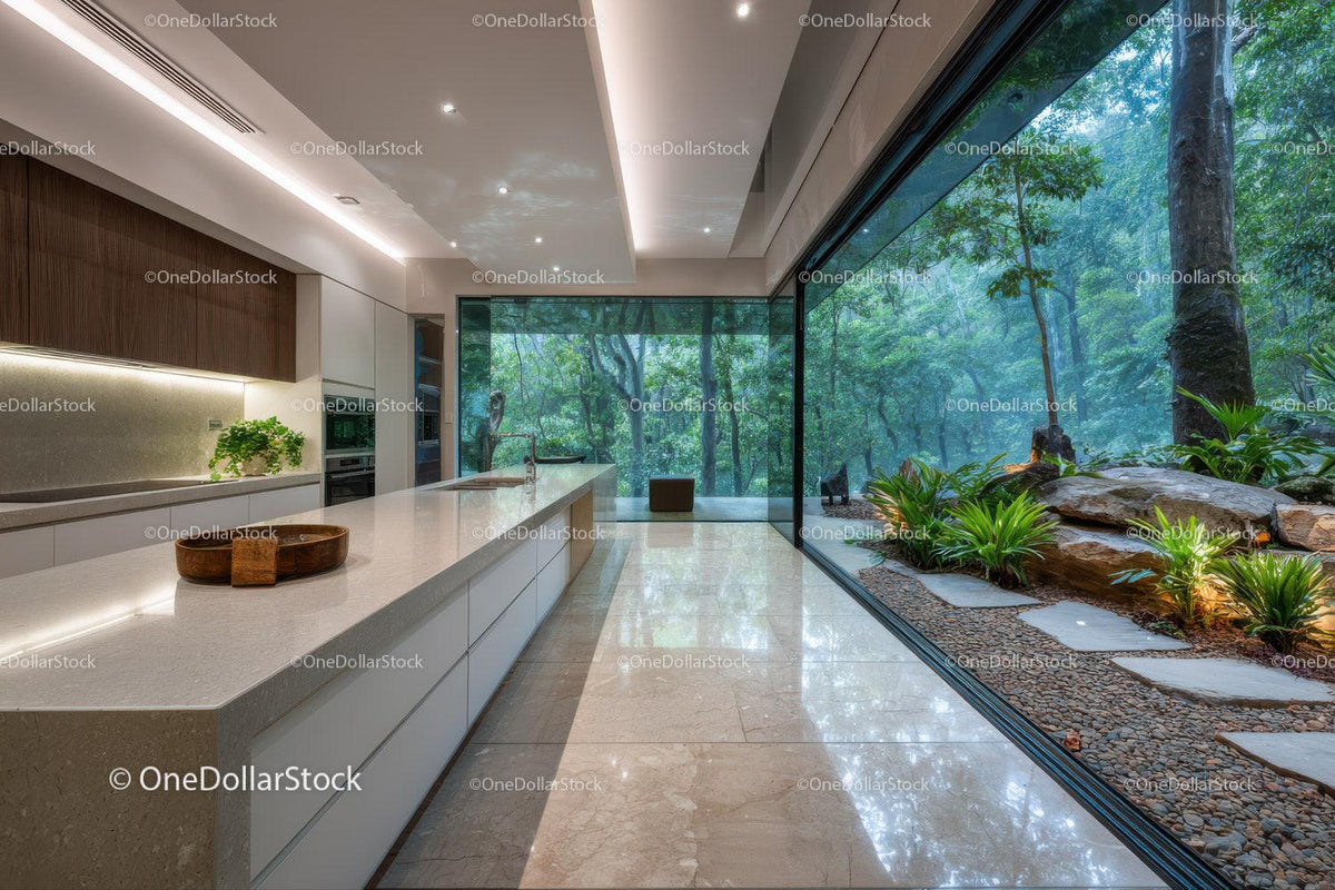 Contemporary Kitchen with Large Glass Wall Overlooking Forest View