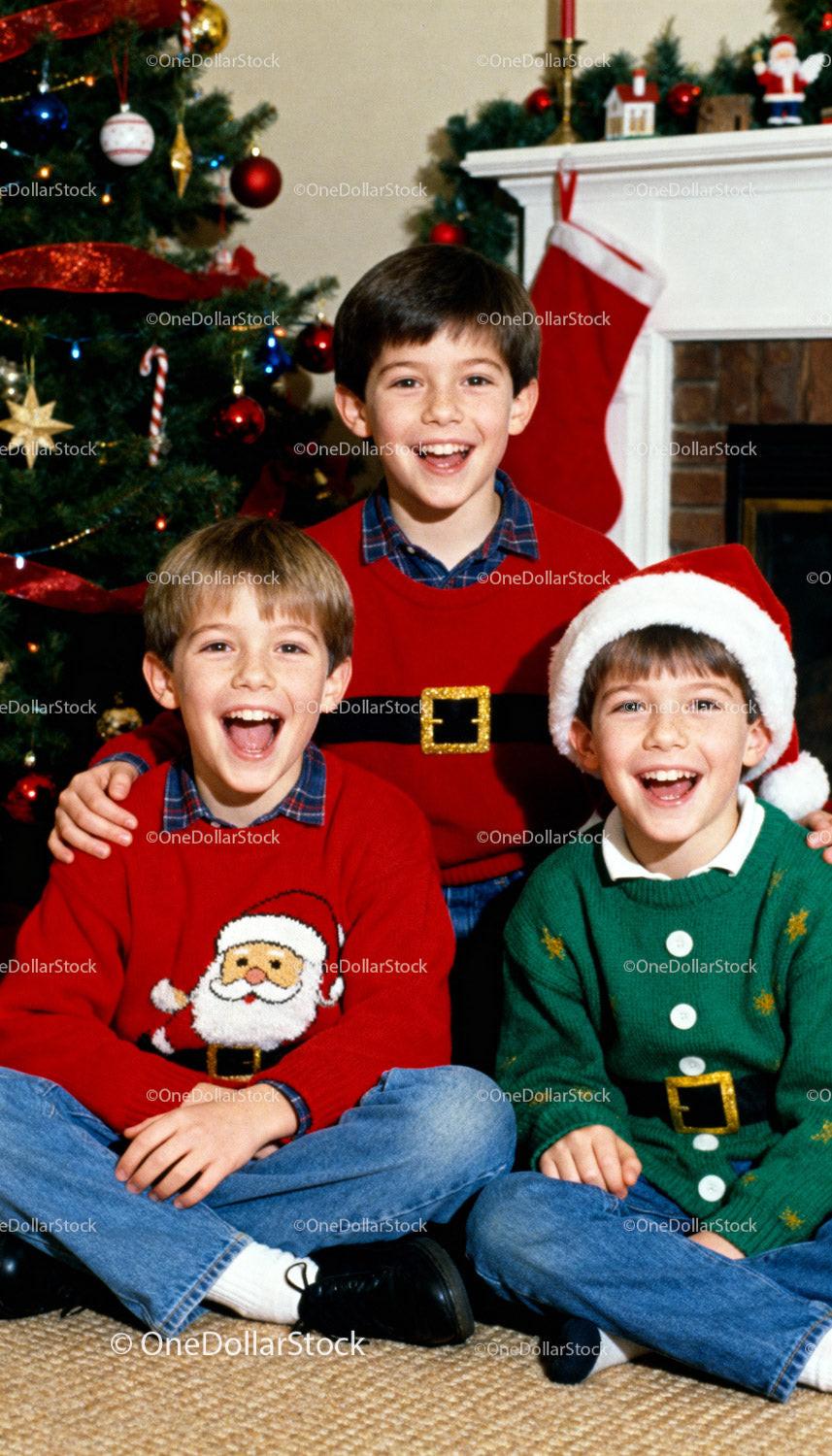 Joyful boys in Christmas sweaters by decorated tree