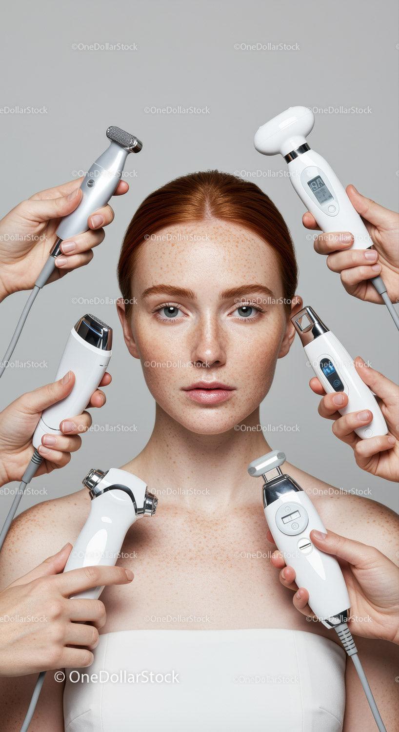 Young Woman Receiving Multiple Skincare Treatments with Modern Devices