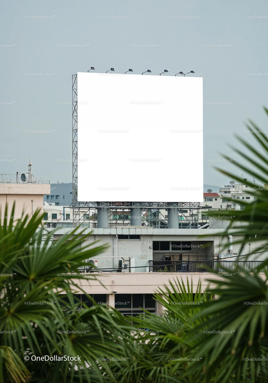 Blank billboard above urban buildings with green palm leaves JPG Mockup Image preview