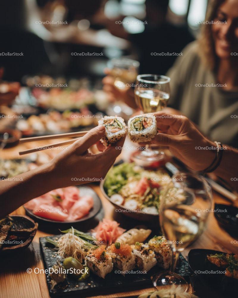 Diverse group of friends enjoying colorful sushi in modern restaurant Stock Photo Bundle preview 7