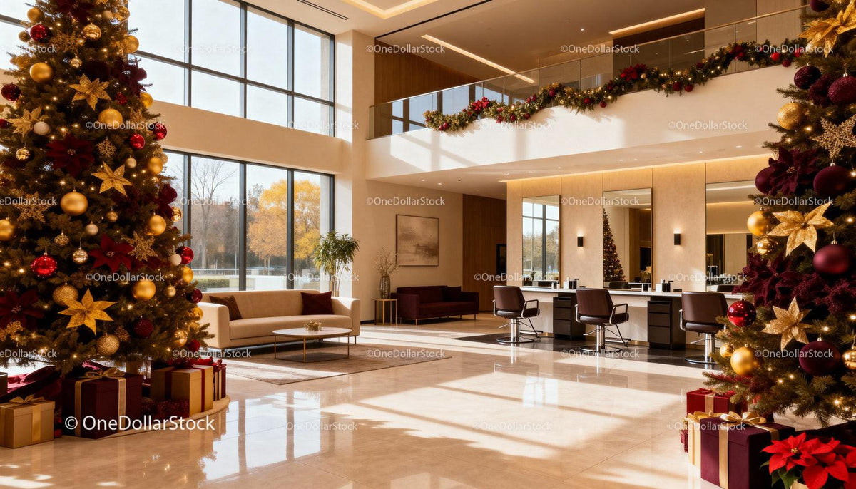 Modern Salon Lobby with Elegant Christmas Decorations