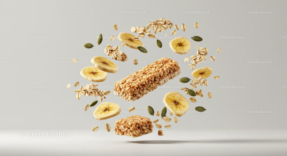 Healthy granola bars with banana and seeds floating