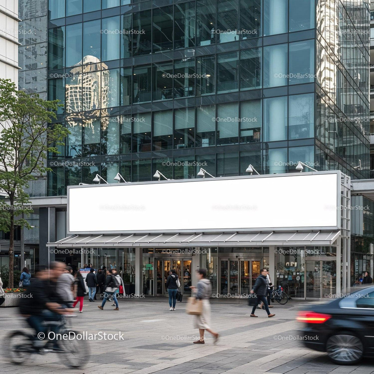 Busy urban street with modern glass office building JPG Mockup Image preview