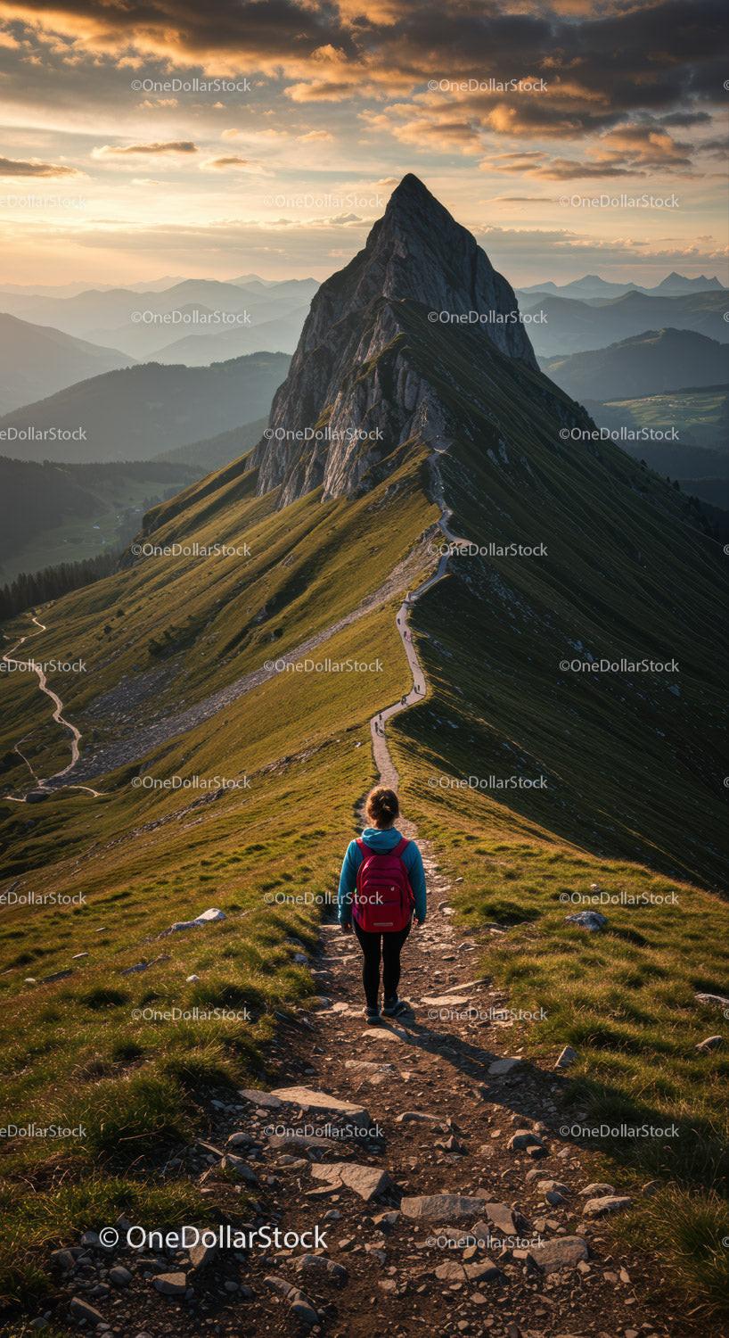 Scenic Mountain Trail Leading to Majestic Peak at Sunset