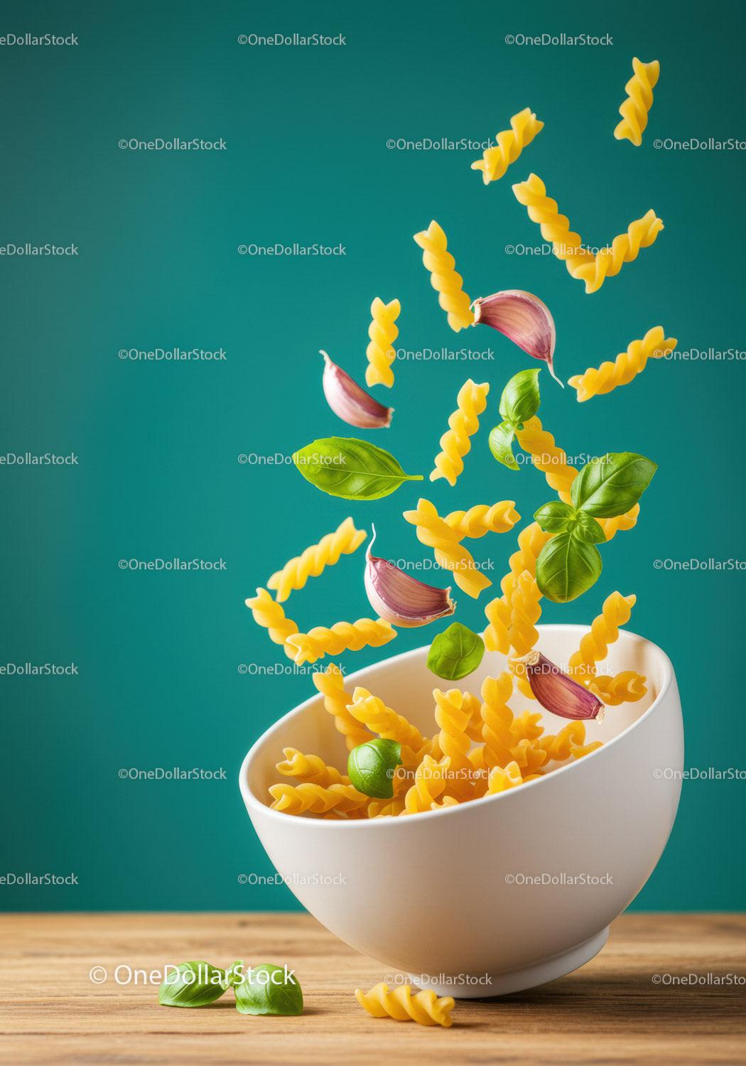 Flying Fusilli Pasta with Garlic and Fresh Basil Leaves