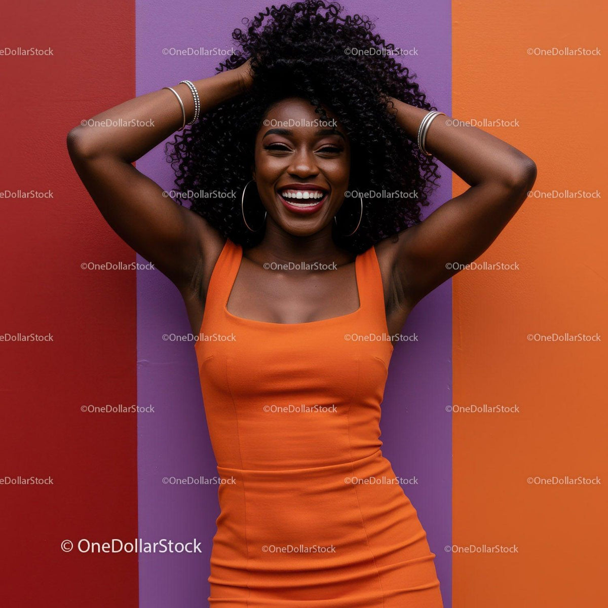 Vibrant Woman in Orange Dress with Excited Smile in Colorful Studio