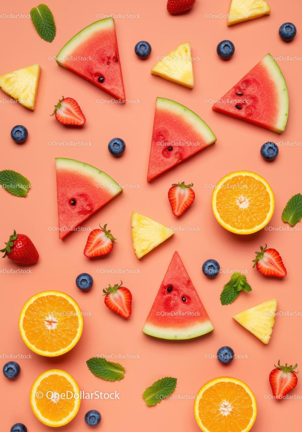 Fresh summer fruits assortment on coral background