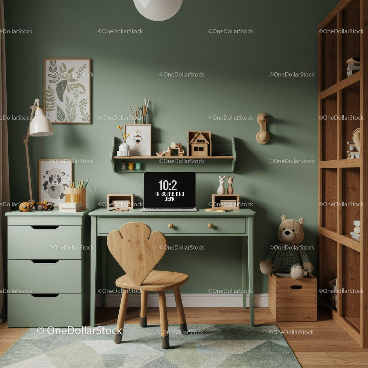 Children's Study Room with Wooden Desk and Plush Toys in Cozy Green Space