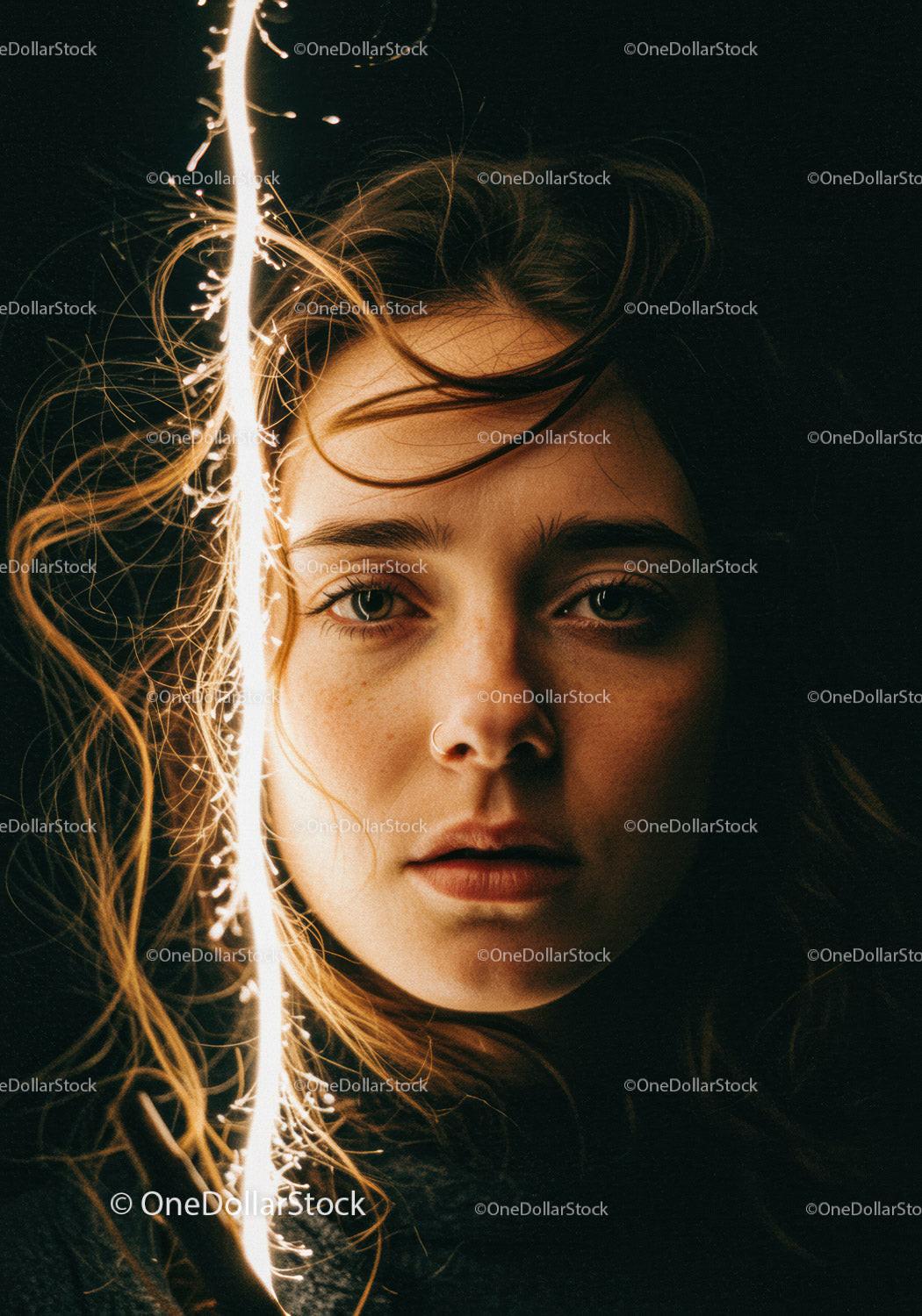 Young woman illuminated by bright sparkler in dark