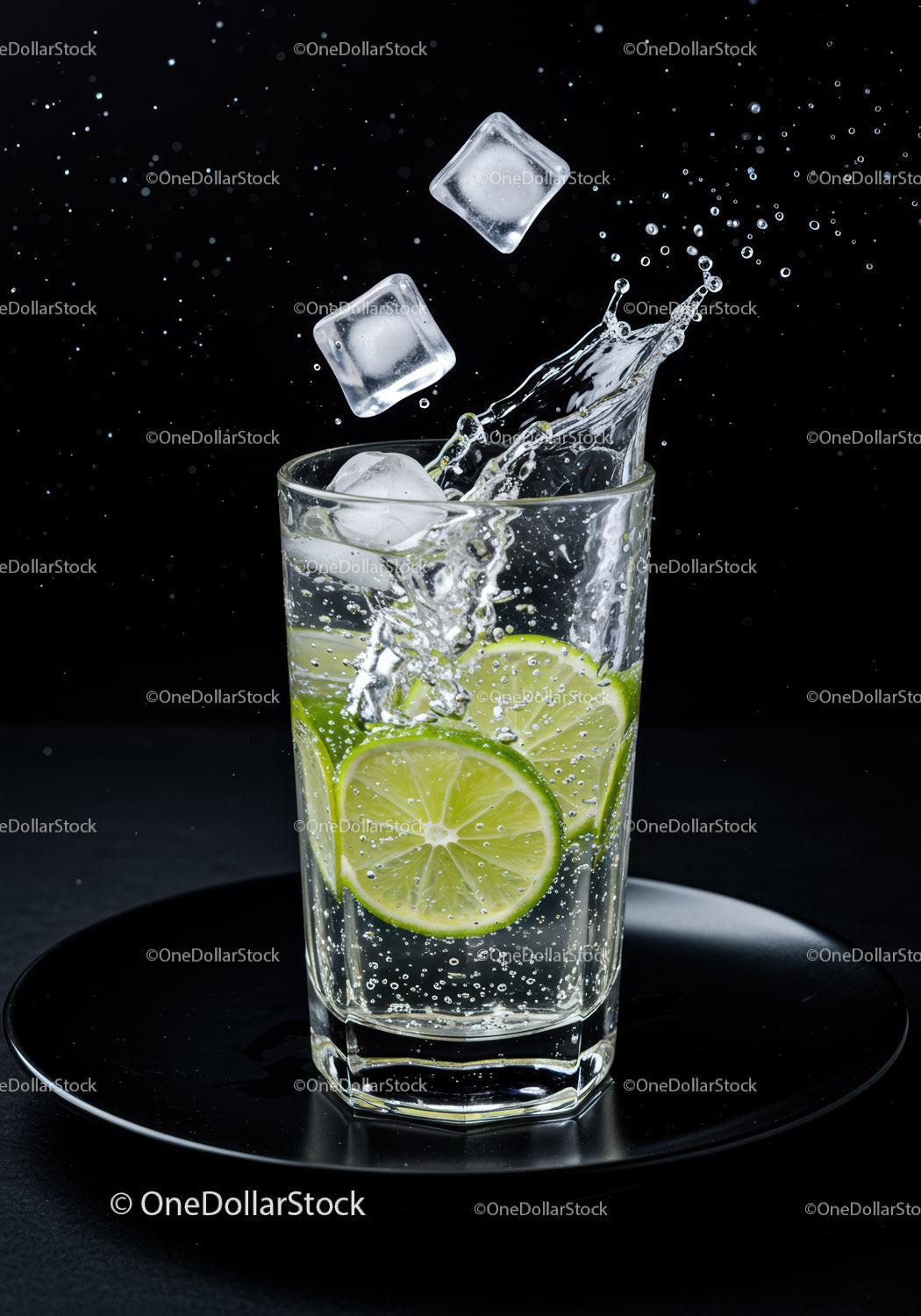 Refreshing lime water splash with ice cubes