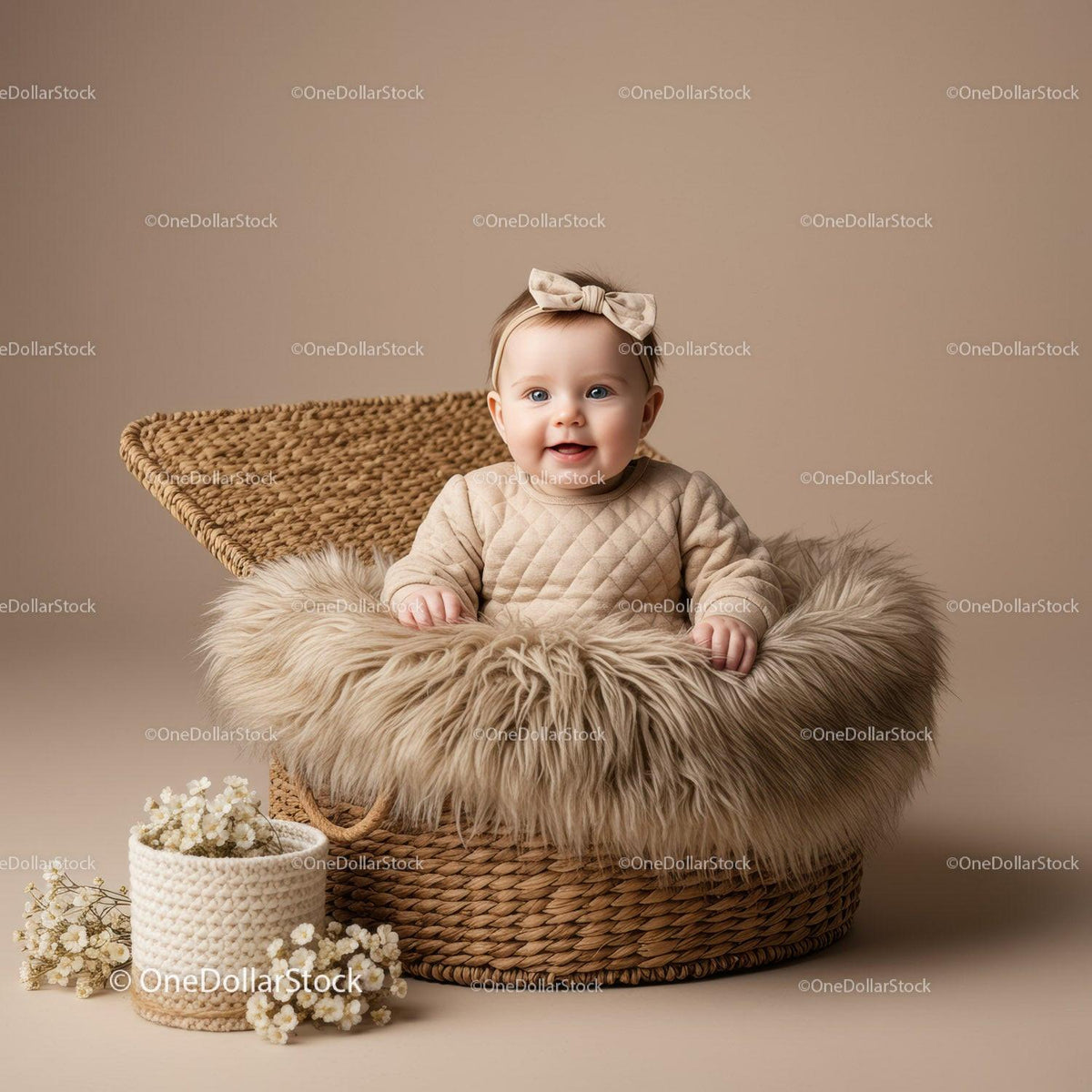 Smiling Baby Sitting in Cozy Wicker Basket with Fur