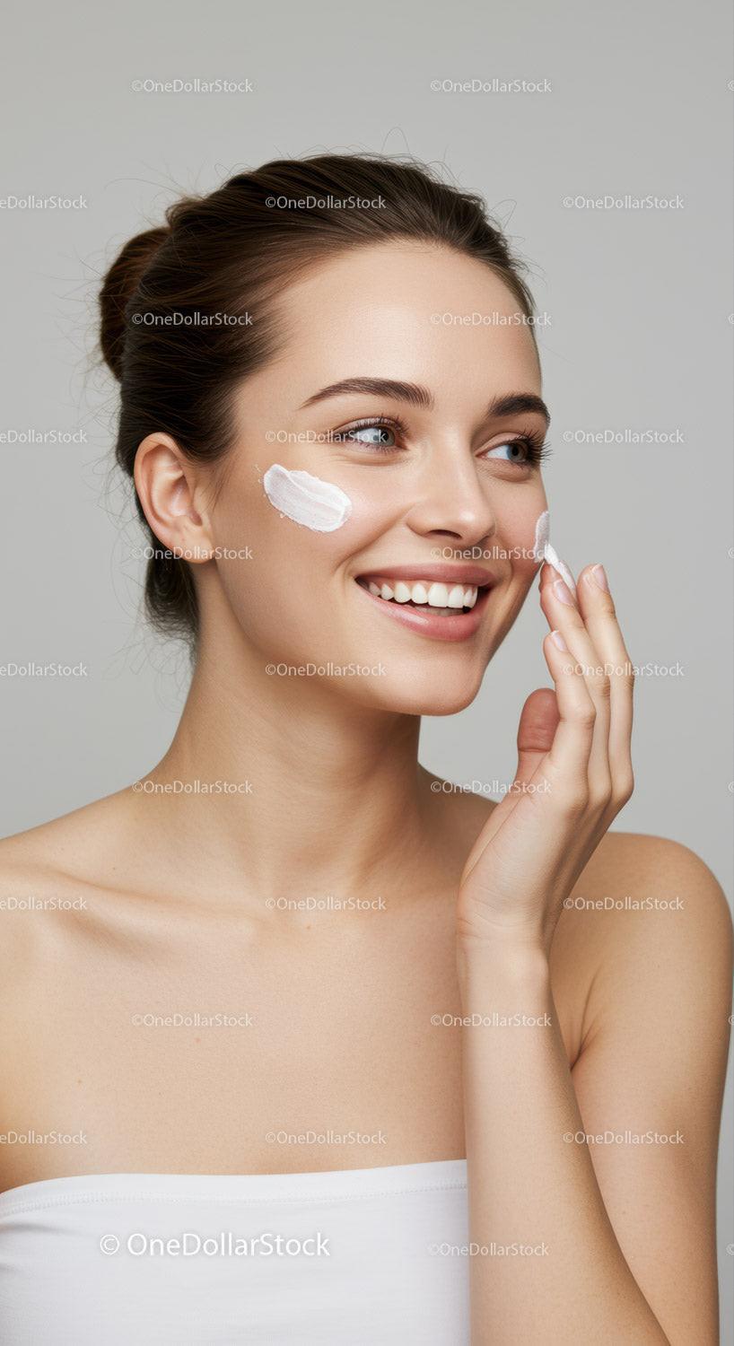Young Woman Applying Facial Cream for Healthy Glowing Skin