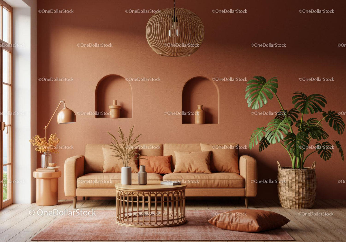 Modern Living Room with Peach Sofa and Indoor Plants in Terracotta Wall