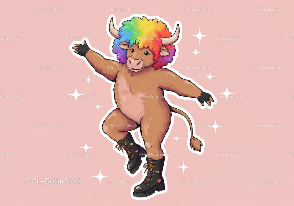 Colorful Cartoon Bull with Rainbow Hair in Funky Streetwear Stock Photo Bundle preview 8