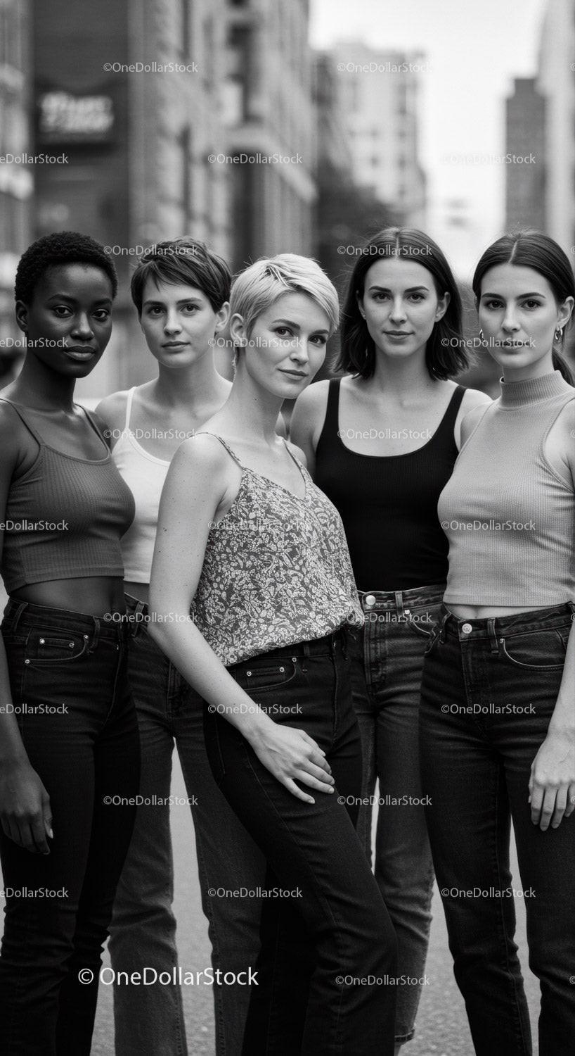 Confident diverse women standing close on urban street
